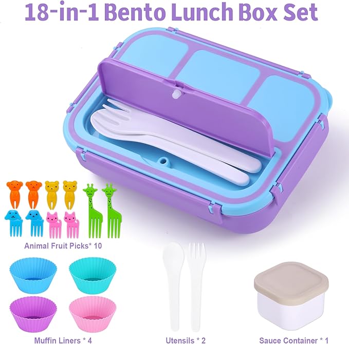 shell and turtle Bento Box for Kids Girls Boys, Bento Box Adult Lunch Box with 4 Compartments, Lunch Containers with Utensils, Sauce Jar, Muffin Liners for School, 40 Oz/5 Cup, Purple