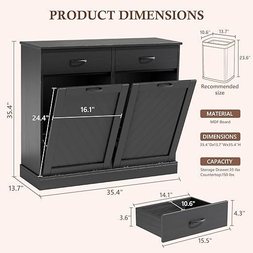 Double Tilt-Out Trash Can Cabinet, 2x13 Gallons Hidden Garbage, Hidden Kitchen Trash Cabinet with Storage Drawer, Pet-Proof Wooden Garbage & Recycling Cabinet for Kitchen, Laundry & Living Room, Black
