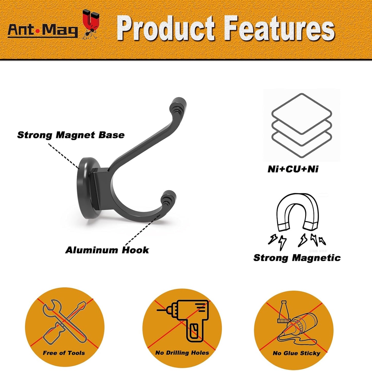 Ant Mag Magnetic Hooks Heavy Duty 140lbs Neodymium Magnet Wall Hooks for Hanging Coats Robes Backpacks Bags Hats Keys Mugs Cups Towels