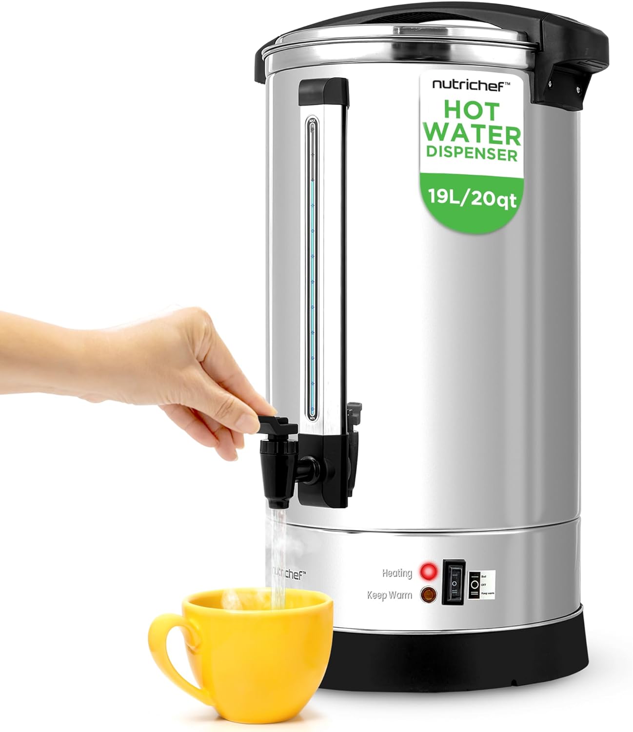 NutriChef Water Boiler and Hot Water Dispenser, 19L Electric Beverage Dispenser with Safety Lock Lid, Non-Drip Tap, Warm Function, Food Grade Stainless Steel, Home & Commercial Use, 19"x9"x9", Silver