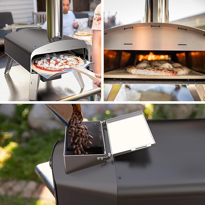 Mimiuo Outdoor Pizza Oven Wood Pellet Fired Pizza Stove with Automatic Rotating Stone, Heavy Duty Pizza Stove for Backyard Camping, Bakes Pizza in 60 Seconds, Includes Pizza Stone, Peel & Cover