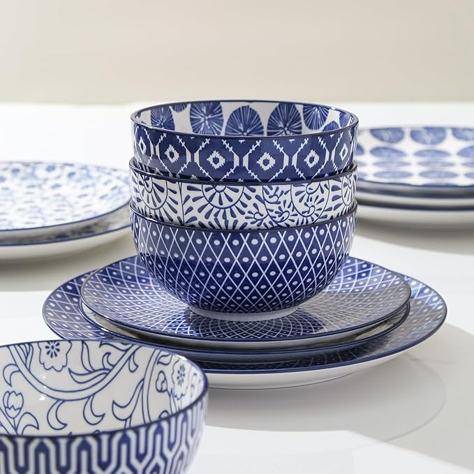 Selamica Ceramic Dinnerware Sets for 6, 24 Piece Plates and Bowls Sets, Scratch Resistant Dishes Set-Dishwasher & Microwave & Oven Safe, Vintage Blue A
