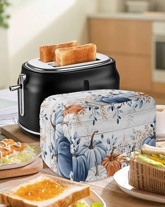 Blue Pumpkins Fall Toaster Cover 2 Slice, Thanksgiving Eucalyptus Leaves Dustproof Bakeware Oven Protector with Hook, Rustic Wooden Waterproof Small Kitchen Appliance Toasters Dust Cover, 12"x7.5"x8"