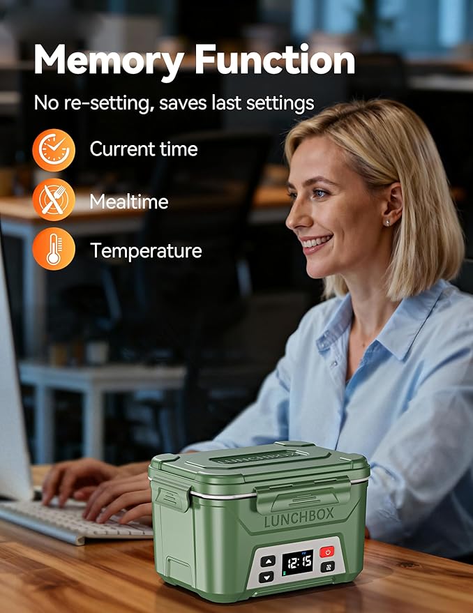 EAST OAK Heated Lunch Box for Men, Electric Lunch Box for Adults, 5.5 Cups Cordless Portable Food Warmer, Rechargeable Self Heating Food Heater with Memory Function, Automatic Keep Warm(Green)
