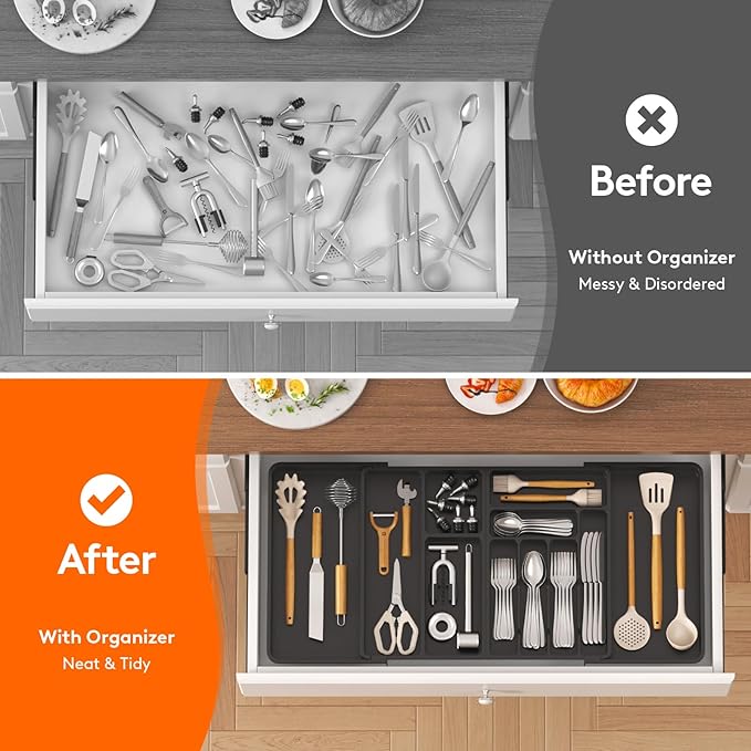 Lifewit Utensil Organizer for Kitchen Drawer, Expandable Cooking Silverware Tray, Adjustable Cutlery Flatware Holder, Plastic Spatula Tools Storage Divider, 21.3- 36 x 16.9", Black