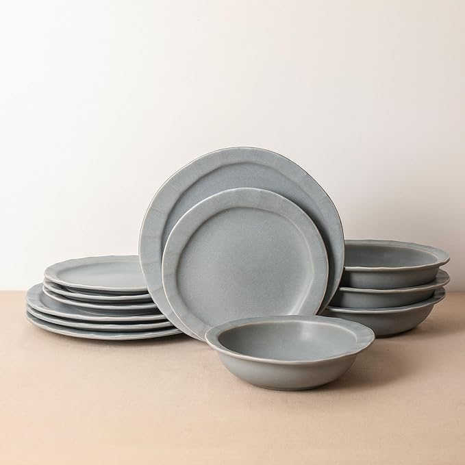 Stone Lain Oasis 12-Piece Dinnerware Set Stoneware, Dishwasher and Microwave Safe Plates and Bowls Set, Dish Set for 4, Grey Blue