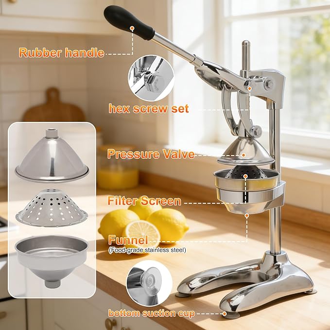 Manual Juicer, Hand-Pressed Effortless Citrus Squeezer, Heavy-Duty Professional Stainless Steel Juicer Suitable For Oranges, Lemons, Grapefruits Removable Filter Basket For Easy Cleaning