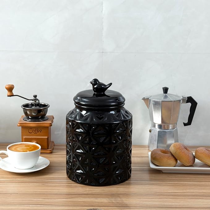 MyGift 6 Inch Round Black Ceramic Cookie Jar with Airtight Lid and Bird Shape Top Handle, Vintage Style Kitchen Canister with Embossed Geometric Star Pattern