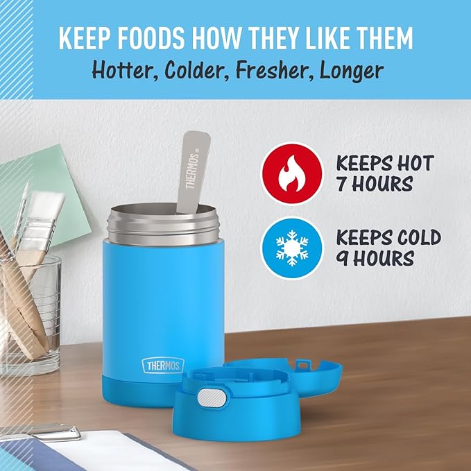 THERMOS FUNTAINER Insulated Food Jar, 16 Ounce, Kid Friendly Food Jar with Foldable Spoon, Denim Blue