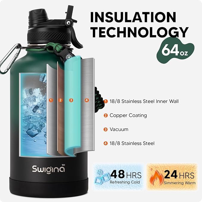 Swigina Insulated Water Bottle with Silicone Boot (36hrs Cold/18hrs Hot) - DIY Stickers, [2-in-1 Lid], BPA Free, 64 oz