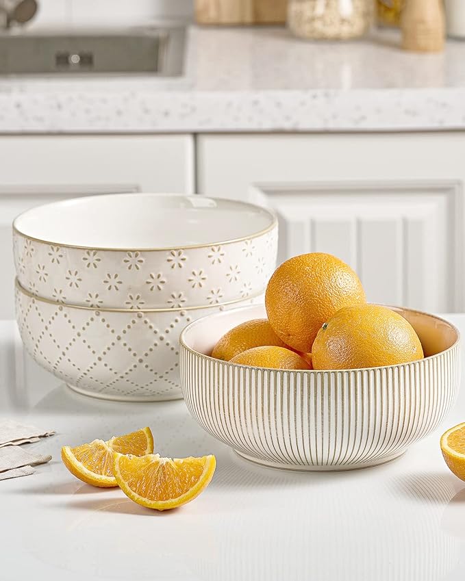 getstar Large Serving Bowls (8 inch & 60 fl oz), Ceramic Salad Bowl Set of 2, Microwave and Dishwasher Safe, Farmhouse Kitchen Decorative Bowls Set (Embossed Stripes & Stars)
