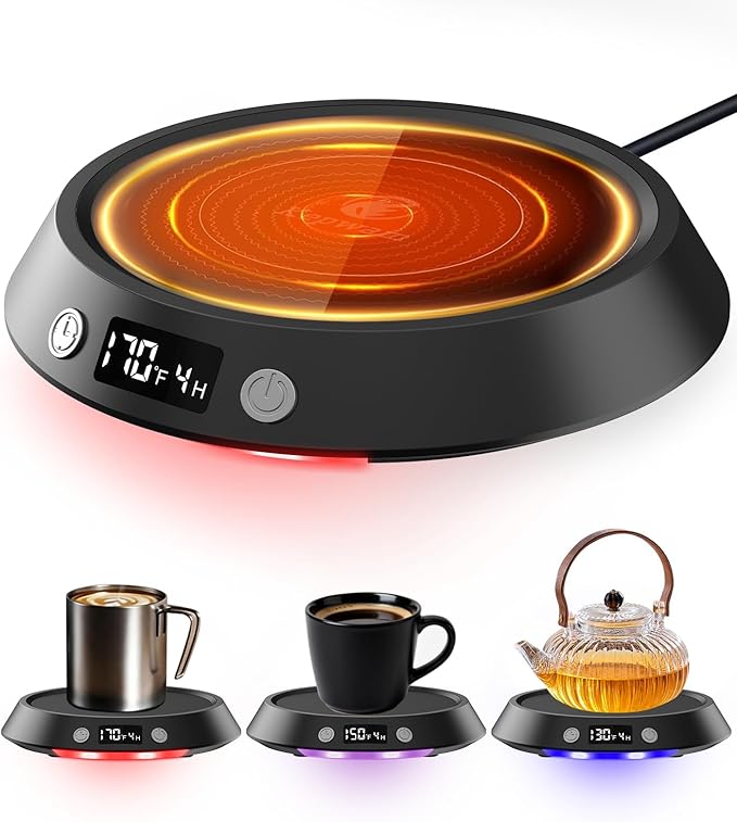 Kepwam Coffee Mug Warmer - 50W Electric Coffee Warmer for Desk 3 Temp Settings & 2-9 Timer Smart Cup Warmer for Desk Candle Warmer Plate with LED Lights Beverage Tea Milk Warmer for Home & Office