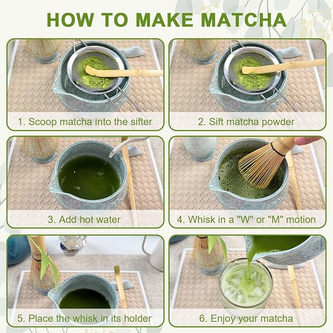7-Piece Matcha Set–Traditional Japanese Tea Kit with Matcha Bowl, Bamboo Whisk, Ceramic Holder, Scoop, and Sifter–Perfect for Tea Ceremonies&Matcha Lovers (Mountain Relief-Mottled Green)