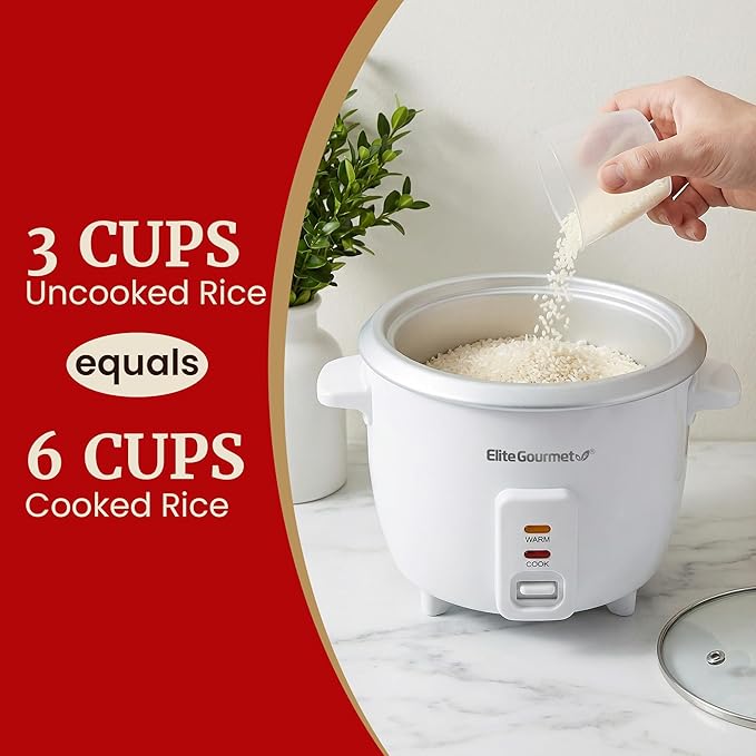 Elite Gourmet ERC-003X Electric Rice Cooker with Automatic Keep Warm Makes Soups, Stews, Grains, Hot Cereals, 6 Cups Cooked (3 Cups Uncooked), White