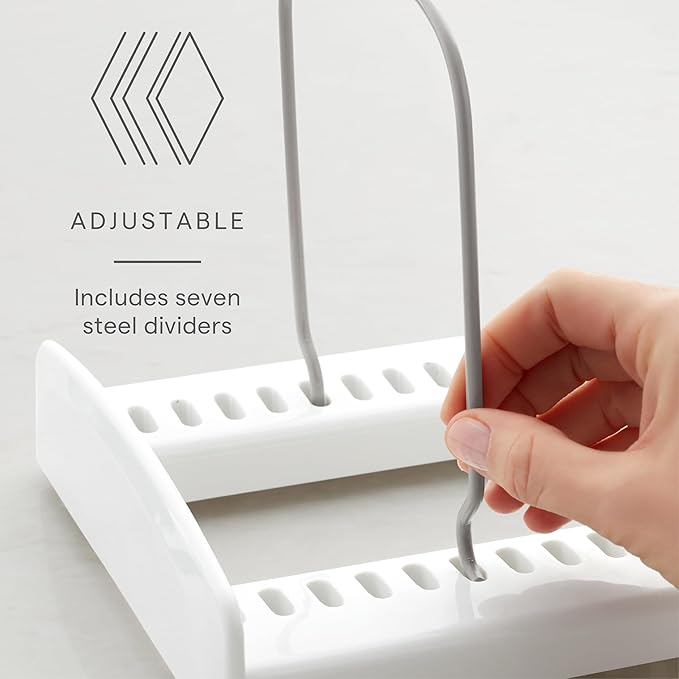 YouCopia StoreMore Bakeware Rack with Tall Steel Wires, Adjustable Pan and Lid Organizer, Classic Edition – White, Alloy Steel & Plastic, 11.5”W x 7.3”D x 6.4”H, Customizable Shelf