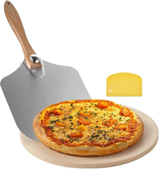 VEVOR Pizza Stone, 15 in Round Pizza Stone, 0.67 in Large Cordierite Baking-Stone with Metal Peel, Scrape, 1450℉ Heat-Resistant Cooking Stones, for Kitchen Oven, Baking Pizzas, BBQ Grill