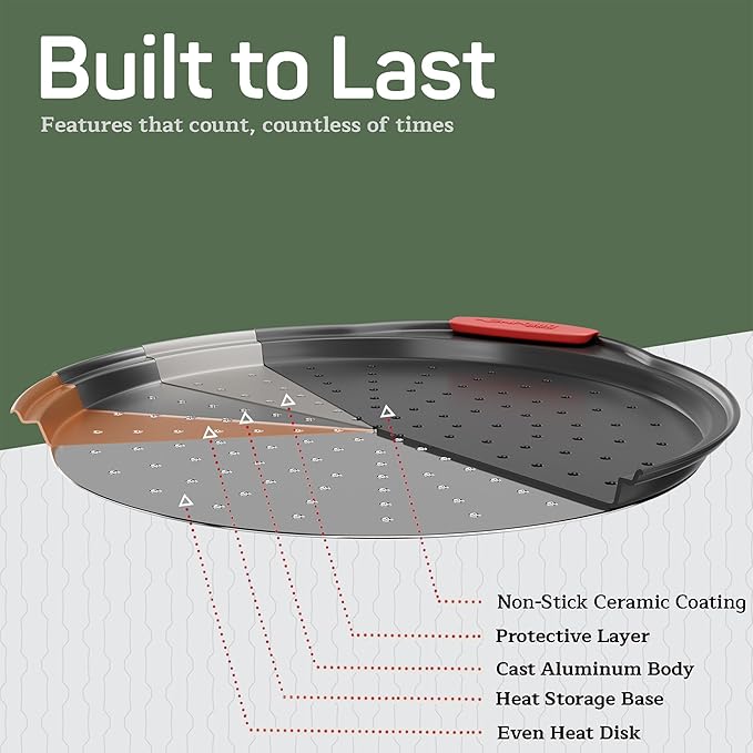 Non-Stick Pizza Pan with Silicone Handle 2 Pack, 13 Inch Round Carbon Steel Tray with Perforated Holes, Dishwasher & Oven Safe Up To 450°F, PFOAPFOSPTFE Free, Durable Nonstick Gray Coating