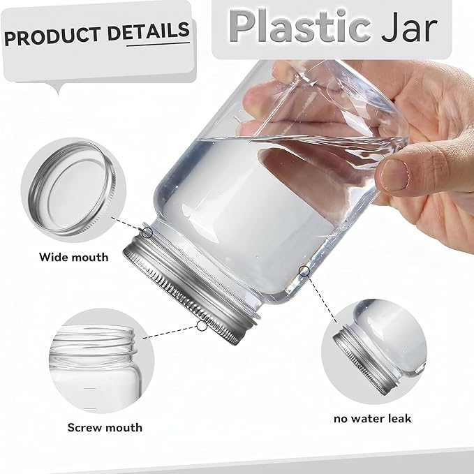 novelinks 16 oz Clear Plastic Jars with Lids, Refillable 16oz Mason Jars with Lids & Storage Containers for Kitchen & Household Use (15 Pack,Silver)