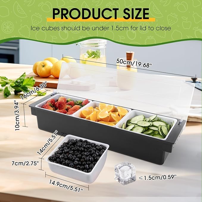 Fruit, Veggie & Condiment Caddy with Lid Dispenser Tray Garnish Station for Bartending & Serving Taco (2, 3 Compartment)