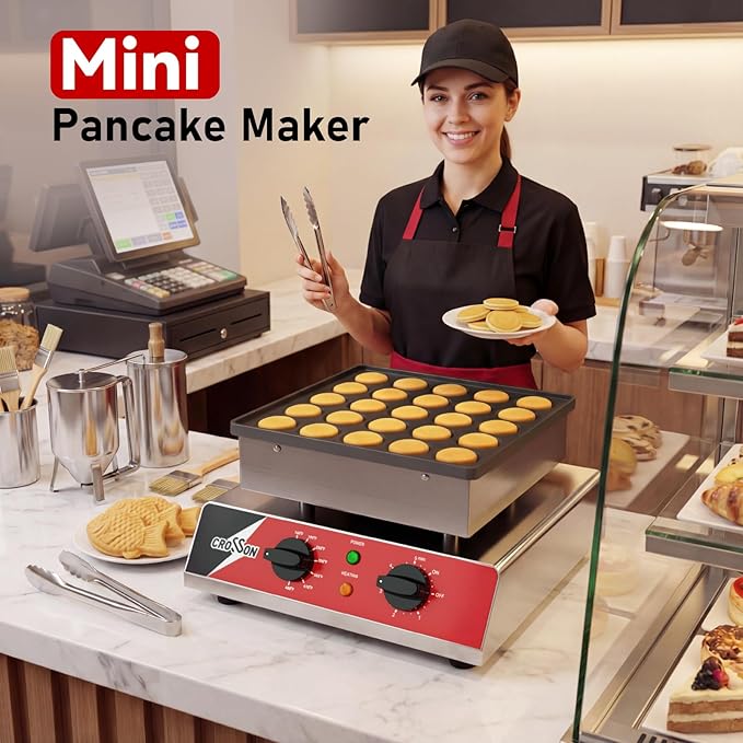 CROSSON Mini Pancake Maker, 25PCS 43mm Diameter Dutch Muffin Waffle Baker, Non-stick Stainless Steel Poffertjes Grill, Commercial Electric Dorayaki Machine W/Temp & Time Control 120V/850W