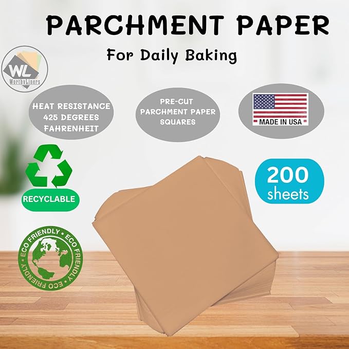 9x9 Inch Natural Parchment Paper Squares 200 Sheets | Made is USA | Worthy Liners Non-Stick Precut Baking Parchment, Perfect for baking and cooking