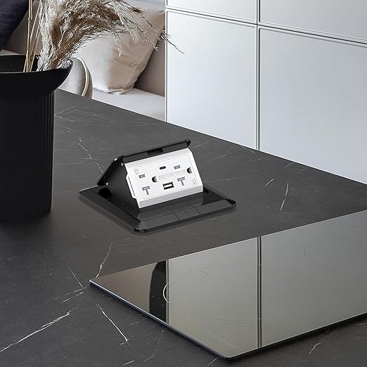 KYHSHJ USB Pop Up Floor Socket Kit with 2 * 20A Receptacle，4.8A 1 USB-A Ports &1 USB-C Port，Corrosive Resistant Hardware,Black