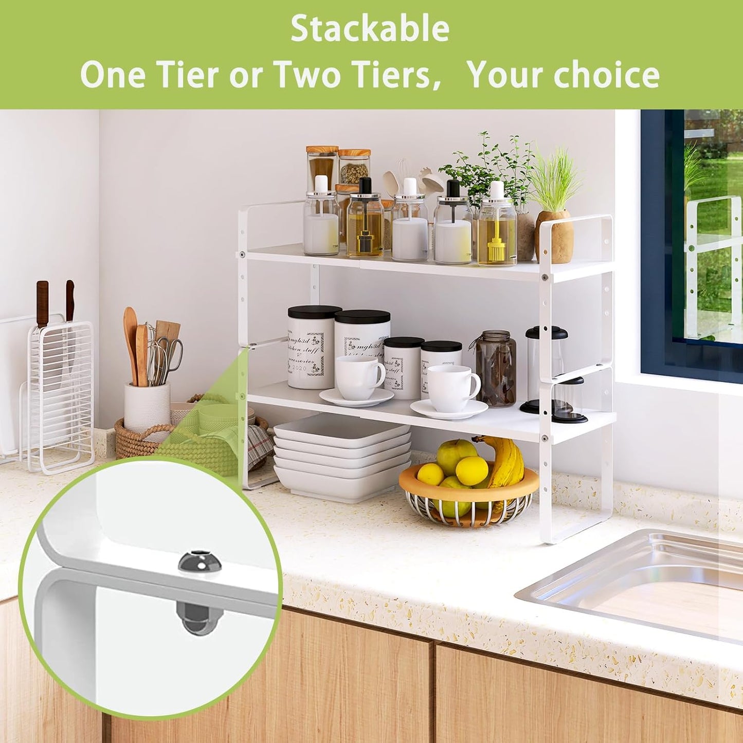 Expandable Cabinet Shelf Organizer Rack, Stackable Kitchen Counter Storage Shelves Stand, Adjustable Height Pantry Shelf Spice Rack (White, 2 Pack)