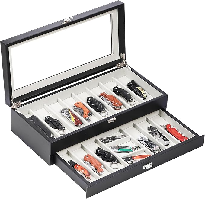 AUTOARK 2-Tier PU Leather & Velvet Knife Organizer with 17 Slots,Transparent Glass Top & Drawer,Compact Storage for Pocket Knives,Perfect for Men's Collections & Gifts,Black,MKAW015