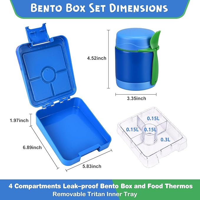 Pawtong Bento Lunch Box Set With 10oz Soup Thermo, Leak-proof Lunch Containers with 4 Compartment, Kids Hot Thermo Food Jar/Insulation Lunch Bag, Food Containers for School （Blue）