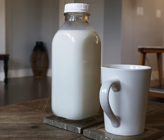 The Dairy Shoppe 1 Ltr. (33.8 oz.) Glass Milk Bottle Vintage Style with Cap & NEW Silicone Pour Spouts! (2 Pack)