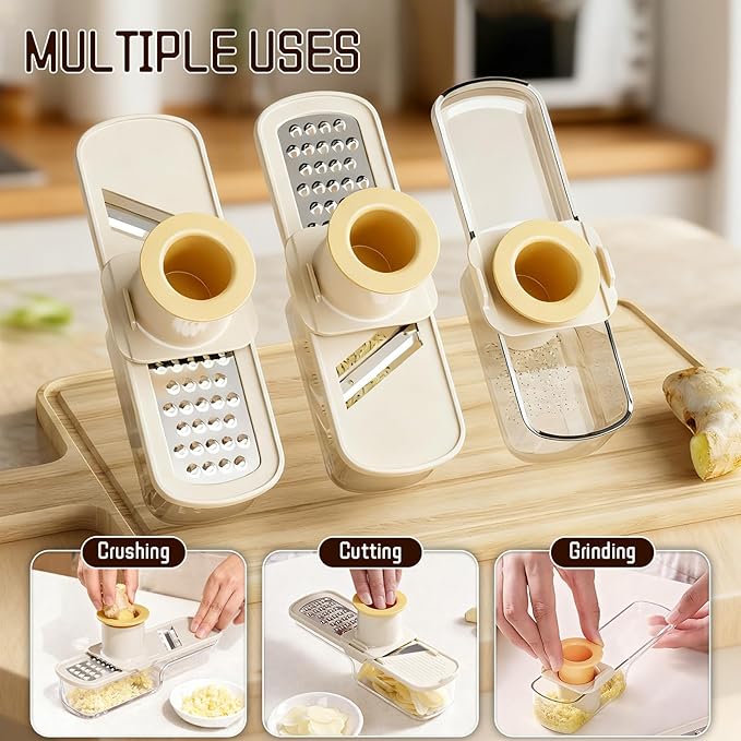 Mini Garlic Slicer Multi-Functional Mandoline Slicer Veggie Garlic Ginger Grinder Vegetable Mandoline Cutter Veggie Shredder with Container (White)