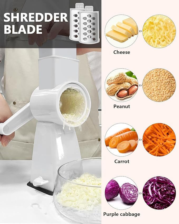 3-in-1 Rotary Cheese Grater Handheld, Lightweight Body with 3 Stainless Steel Blades & Non-Slip Suction Base, for Shredding Parmesan, Slicing Vegetables, Grating Chocolate（White）