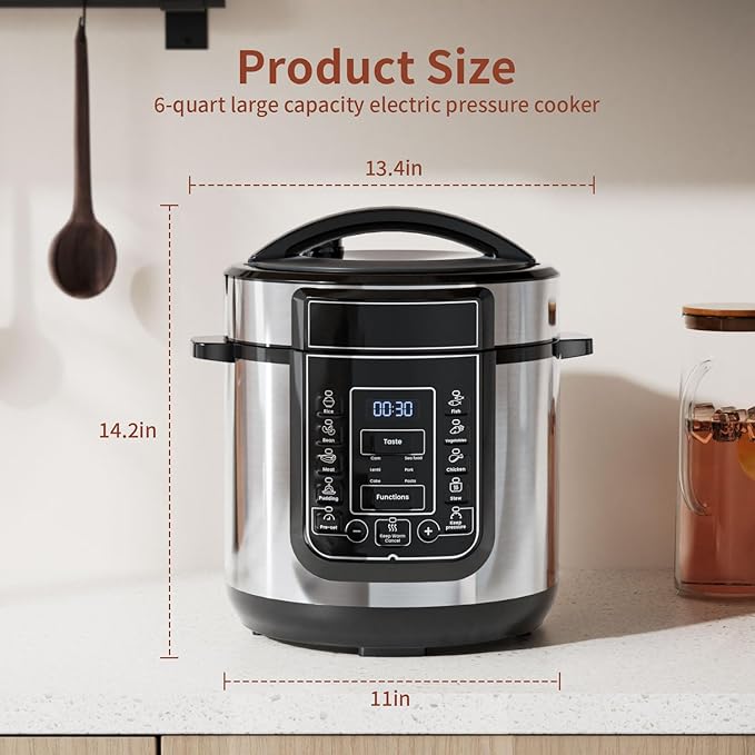 6 Qt Electric Pressure Cooker 9-in-1, 14 Presets Instant Multi-Function Pot, Slow Cooker, Rice Cooker, Cake Maker, Non-Stick, Stainless Steel