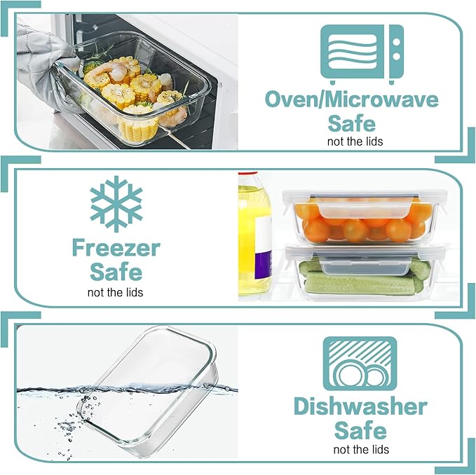 HOMBERKING 30oz 8 Pack Glass Meal Prep Containers with Lids, Food Storage Airtight Bento Boxes with Leak Proof Locking for Microwave, Oven, Freezer and Dishwasher (8 lids & 8 Containers)
