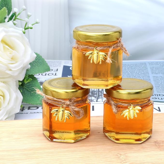 XING-RUIYANG 60 pack 1.5 oz Mini Honey Jars，baby shower favors,There's honey sticks, bee pendants, stickers and gold goodie bags，Suitable for wedding party gifts