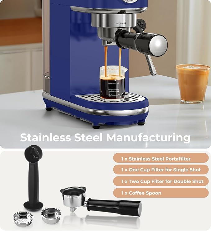 atatix 20 Bar Espresso Machine with Milk Frother, Compact Espresso Maker, Stainless Steel Coffee Machine with Precise Temp Control & 44oz Removable Water Tank for Latte, Cappuccino, Dark Blue
