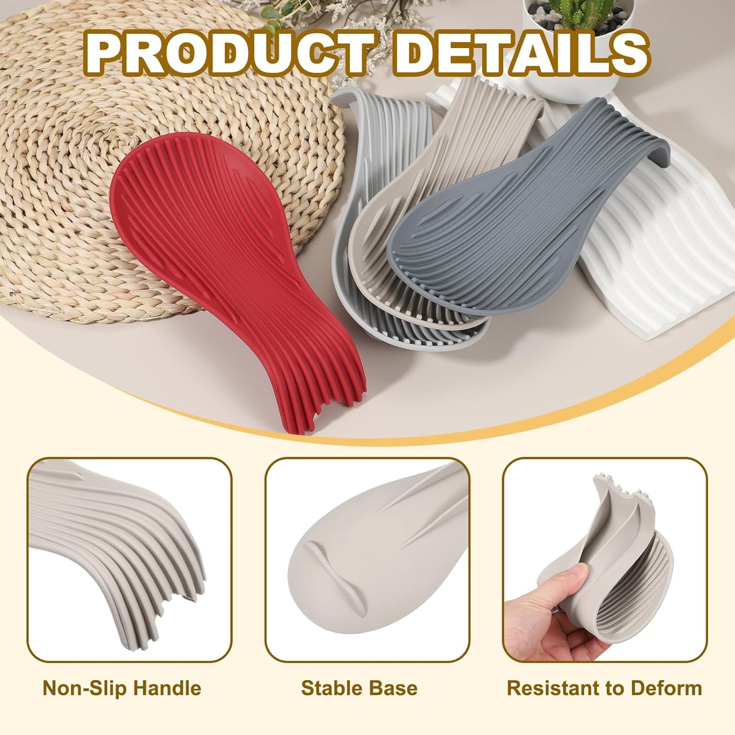 uxcell 1 Set Silicone Spoon Rest for Stove Top, Silicone Spoon Holder for Cooking Spatula, Ladle, Brush Khaki/Grey