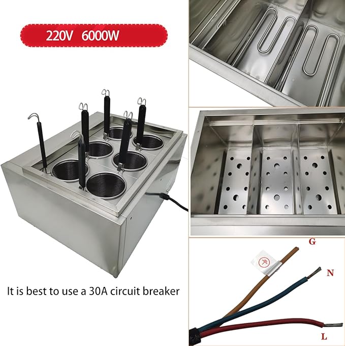 220V Commercial Pasta Cooker with 6 Noodle Filter Electric Pasta Cooking Machine Multifunctional Pasta Warmer Noodles Cooker 6KW for Cooking Dumplings NoodlesVegetables 30-110℃