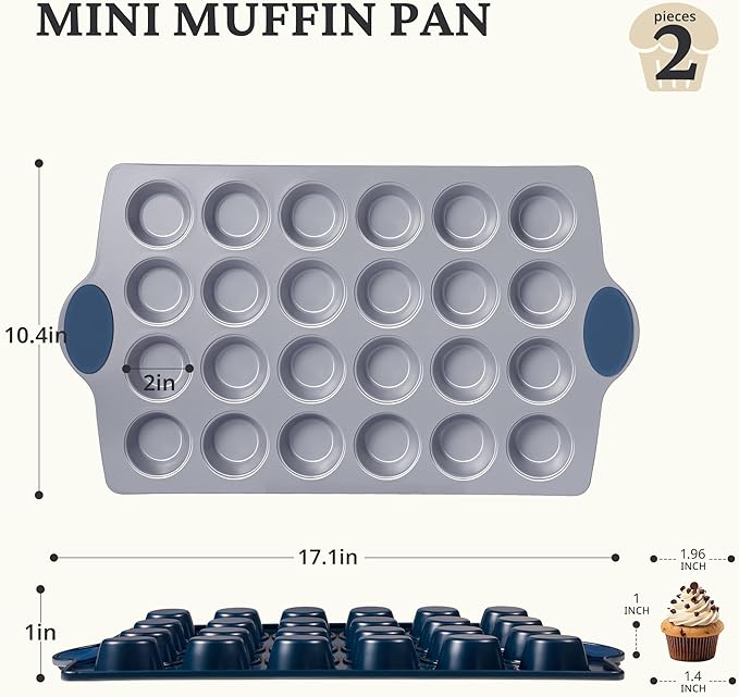 BRONYPRO Ceramic Mini Muffin Pan, 24-Cup Nonstick Aluminized Steel Mini Cupcake Pans, Healthy Non-Toxic Ceramic Coating Muffin Tin, 2 Pack Cup Cake Pans for Baking Blue