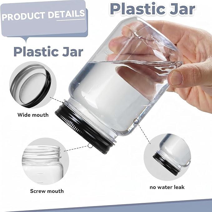 novelinks 16 oz Clear Plastic Jars with Lids, Refillable 16oz Mason Jars with Lids & Storage Containers for Kitchen & Household Use (10 Pack,Black)