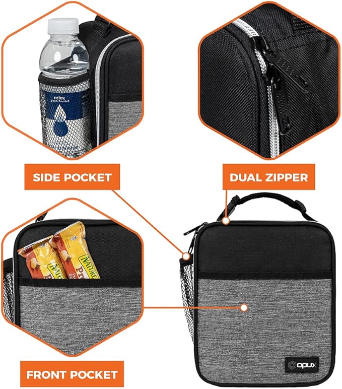 opux Premium Insulated Lunch Box, Soft School Lunch Bag for Kids Boys Girls, Leakproof Small Lunch Pail Men Women Work, Reusable Compact Cooler Tote Lunchbox for Office Adult, Heather Grey