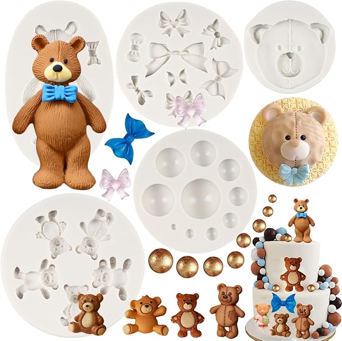 Bear Silicone Fondant Molds Pearl Fondant Mold Ball Pearl Semi Sphere Chocolate Molds Bow Candy Mold For Baby Shower Cake Decoration Cupcake Topper Polymer Clay Gum Paste Set of 5