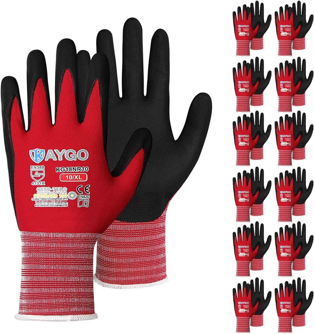 KAYGO Safety Work Gloves MicroFoam Nitrile Coated-12 Pairs, KG18NB,Seamless Knit Nylon Glove with Black Micro-Foam Nitrile Grip,Ideal for General Purpose,Automotive,Home Improvement