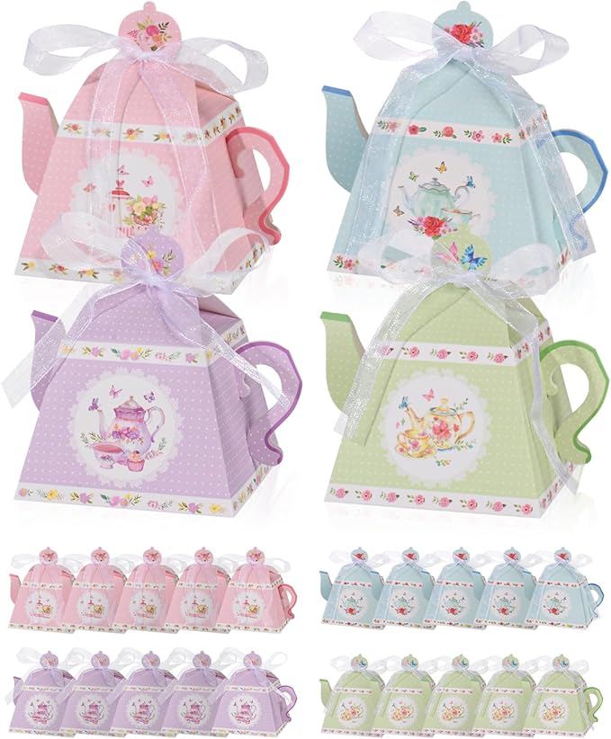 Liobelon 24 Pieces Floral Tea Party Favors Boxes Centerpiece Table Decoration Teapot Favor Boxes Tea Party Treat Gift Boxes Goodie Treat Bags Candy Boxes for Wedding Baby Shower Tea Party Decorations