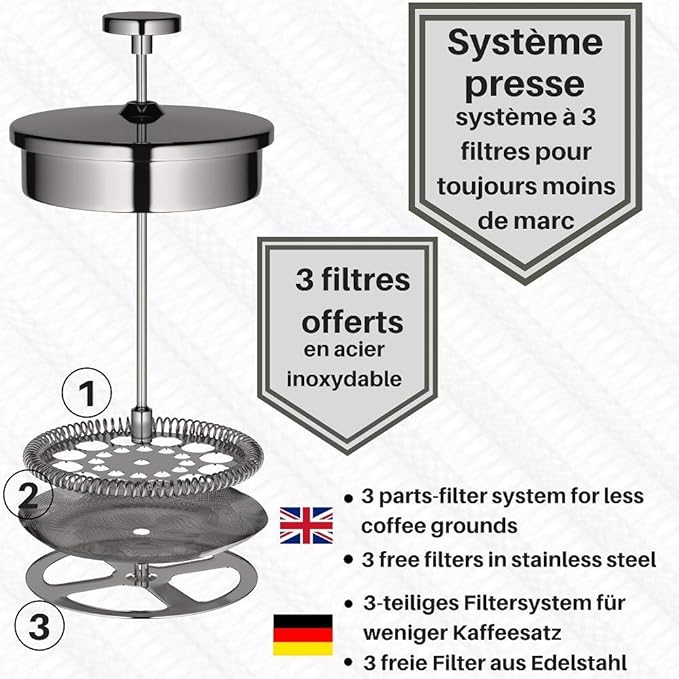 VeoHome - 1 Litre piston coffee maker - Unbreakable and keeps coffee hot for a long time thanks to its double stainless steel shell…