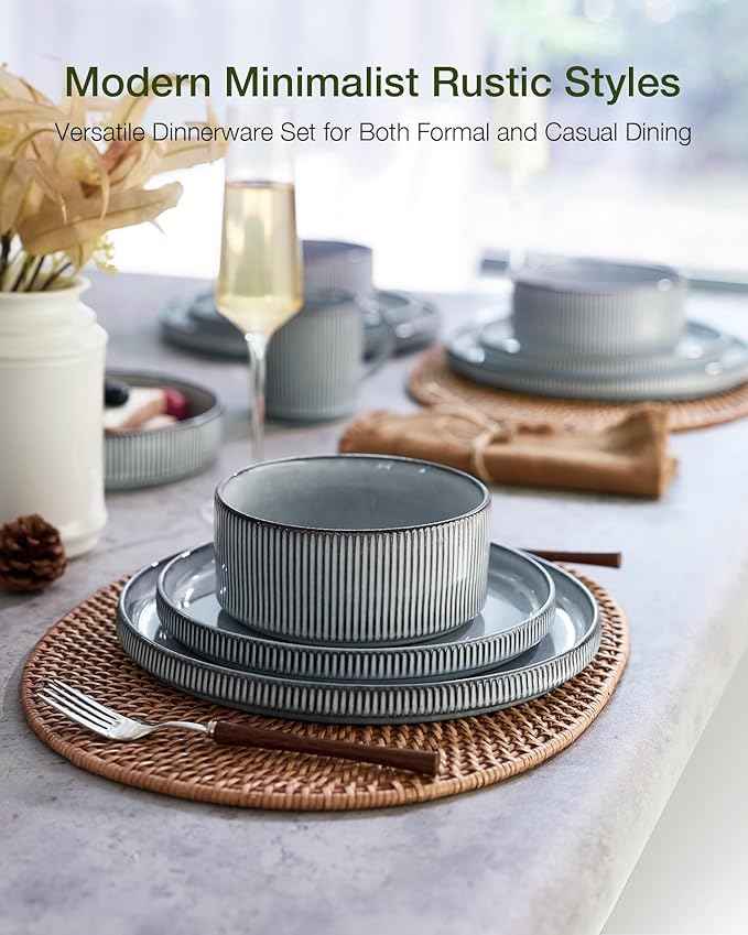 Famiware Star Dinnerware Set with Mugs, Service for 6 (24 Pieces), Ribbed Stoneware Plates and Bowls Dishes Sets - Chip & Scratch Resistant, Microwave & Dishwasher Safe, Smoky Blue