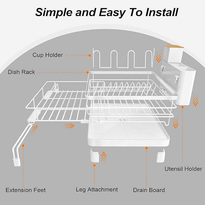 Runnatal Dish Drying Rack, Extendable Dish Rack Over Sink, Large Stainless Steel Dish Strainer with Drainboard, Utensil Holder & Cup Holder for Kitchen Counter, White