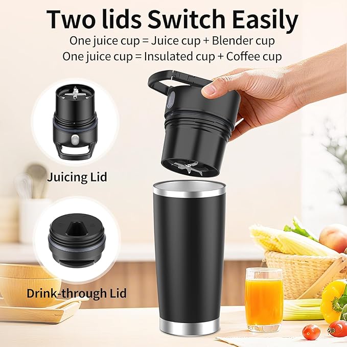 Portable Personal Blender 20oz Vacuum Cup Cordless Blende for 120 Watt Rechargeable Personal Size blender With Stainless Steel Bottle Ideal For-Shakes and Smoothies, BPA Free (Black）