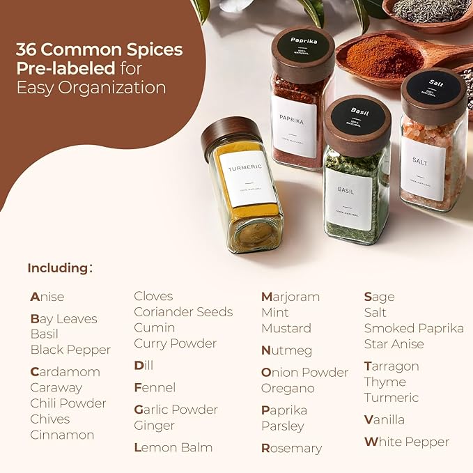 ComSaf 24Pcs (4Oz) Glass Spice Jars with Label, Airtight Seasoning Containers with Lid for Home Cooks to Organizing Herbs, Sugar, Pepper, Salt, Glass Spice Bottles Organize Cabinet & Drawer