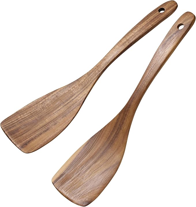 2 Pcs Wooden Spatula for Cooking Flat Wooden Spatula Set 12.5 inch Teak Spatula Set Flat Spatula for Non Stick Frying Pan Wood Cooking Utensils Set Wood Kitchen Utensils Set for Cooking